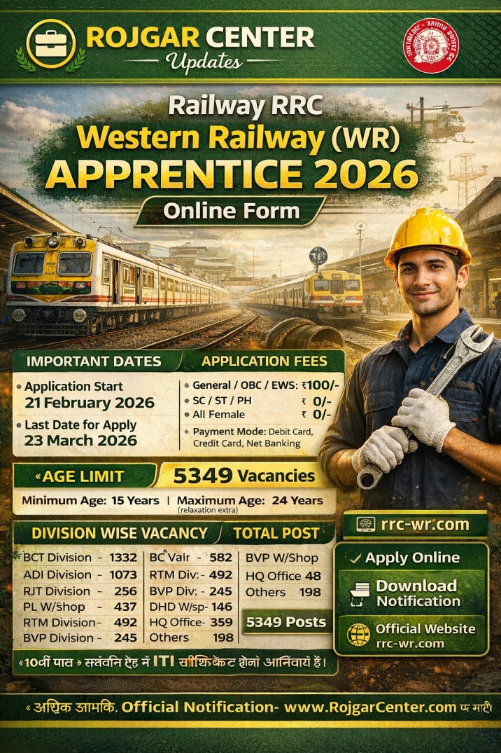 Railway RRC WR Apprentice Recruitment 2026: वेस्टर्न रेलवे मुंबई 5349 पदों पर भर्ती - Rojgar Center